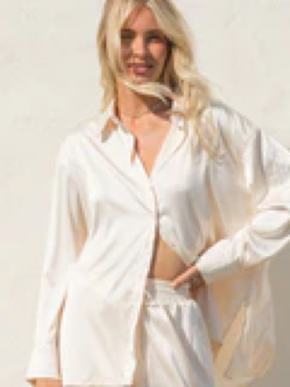 SOLAÍ Silky Button-Down Shirt Shorts Cream Set
